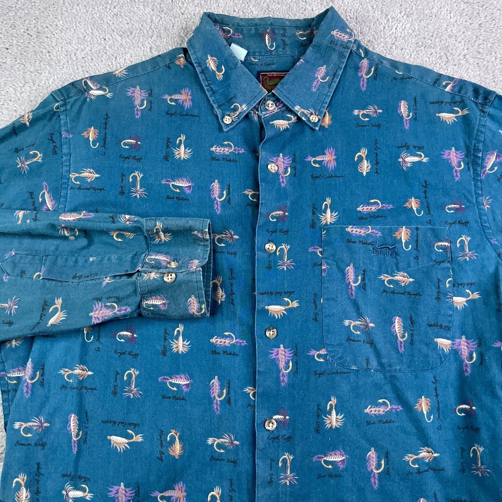 Vintage Duxbak Shirt‎ Mens Large Blue Fly Fishing Lure Print Button Up